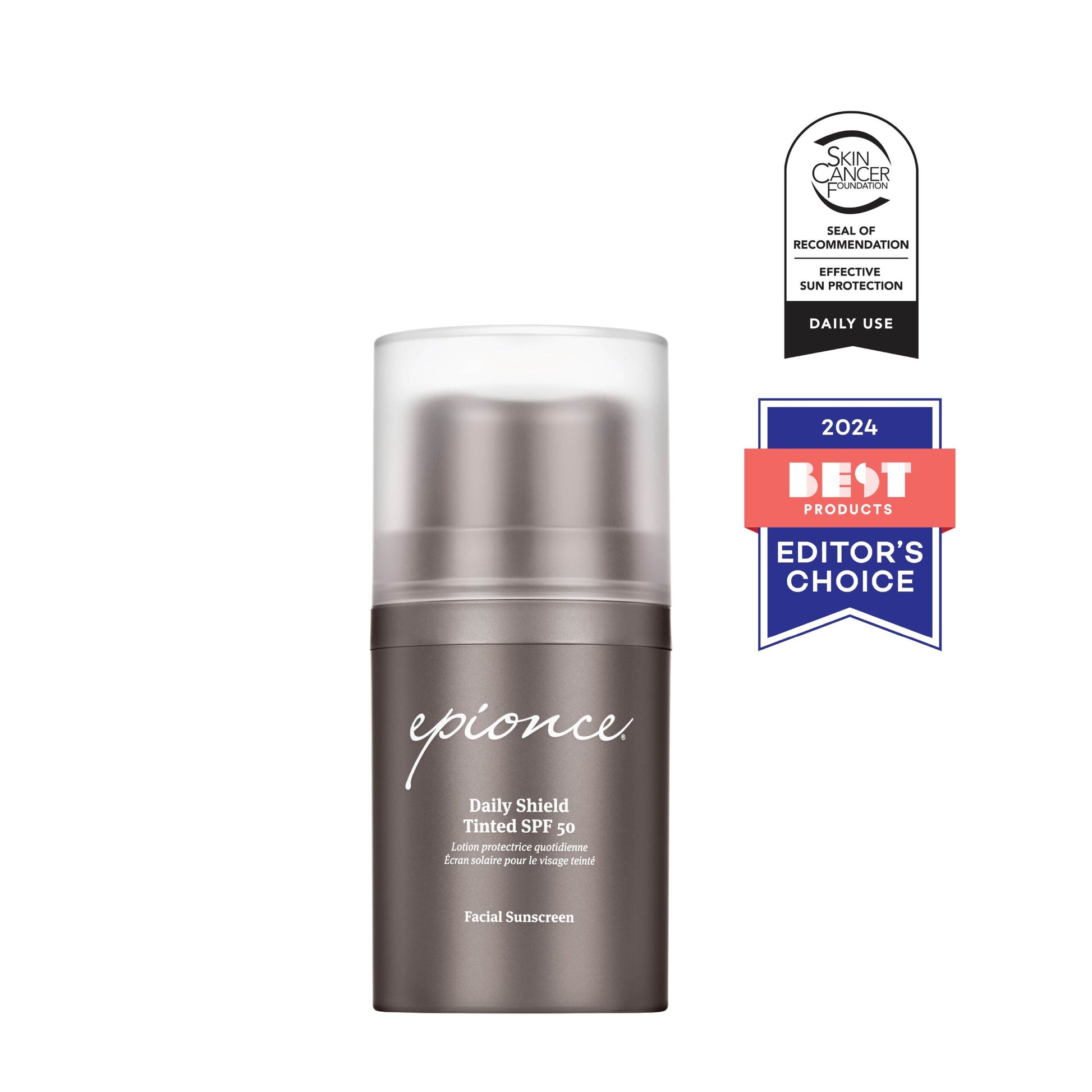 Epionce Daily Shield Tinted SPF 50 facial sunscreen bottle with awards on a white background