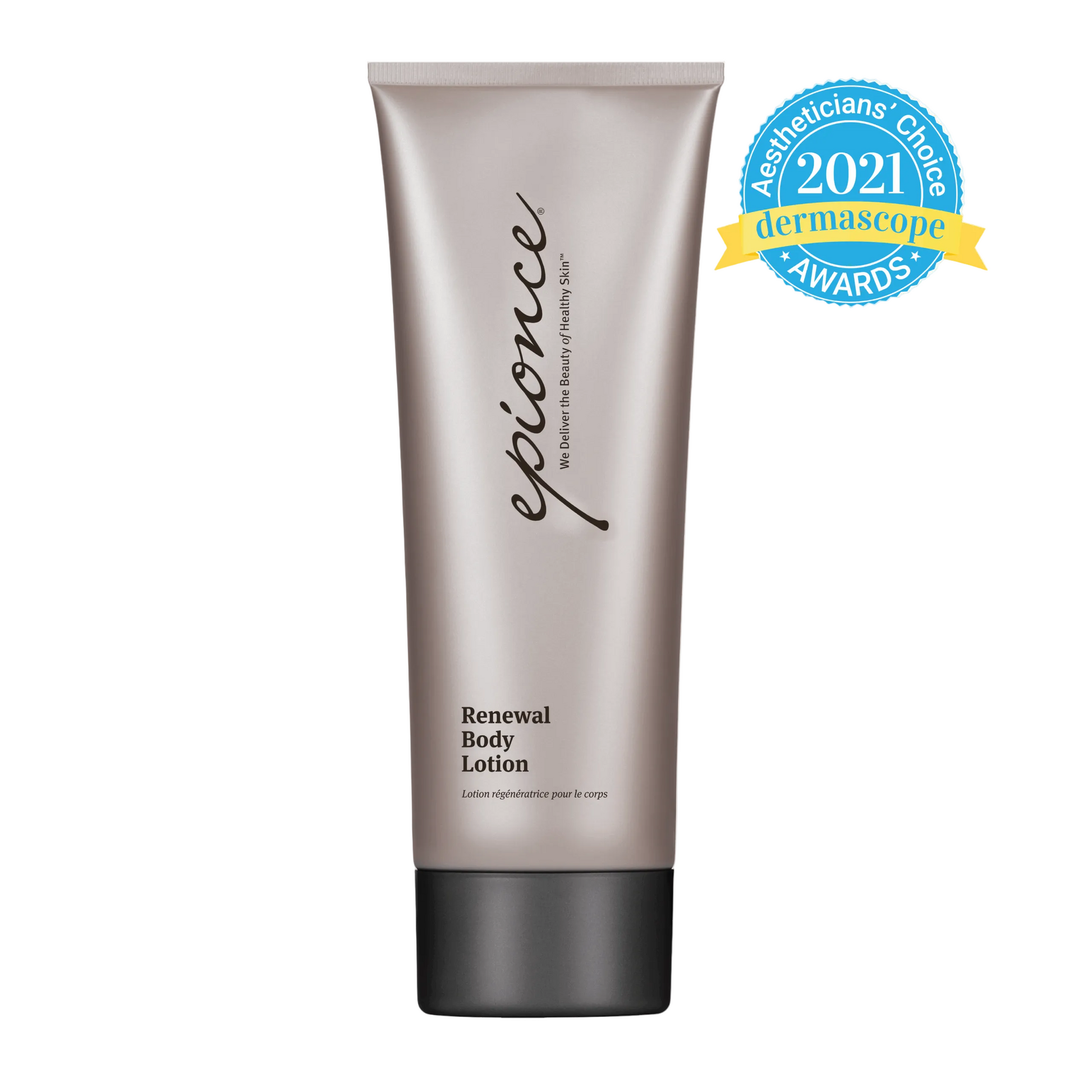 Epionce Renewal Body Lotion tube with 2021 Dermascope Award badge on a white background